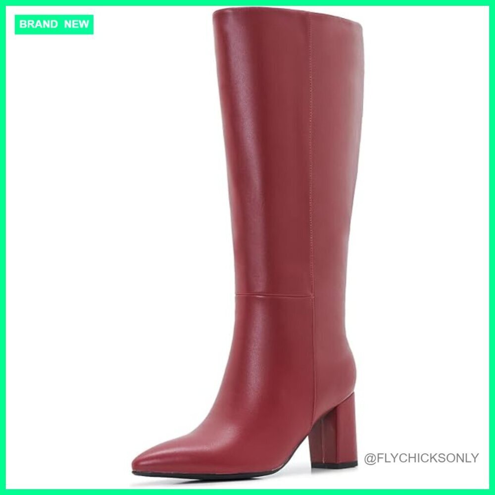 Wide Calf Knee High Boots Pointed Toe Chunky Heel Side Zipper Leather
